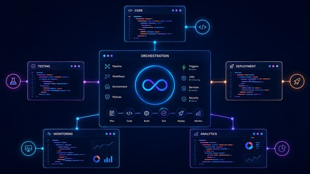 Futuristic DevOps orchestration dashboard displaying the continuous integration and deployment pipeline with testing, building, and monitoring workflows.