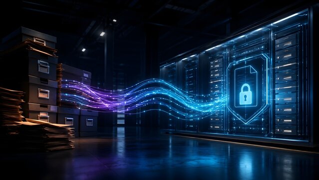 Dark warehouse archive room showing stacks of physical storage boxes transferring data via glowing blue streams into a high tech secure server rack.