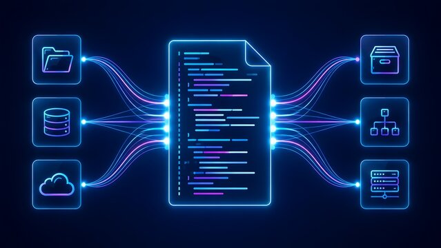 Central glowing digital document icon synchronizing lines of code with cloud databases and servers via vibrant fiber optic light streams