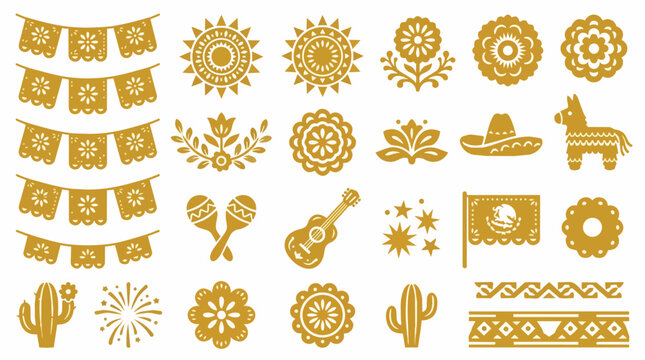 Mexican festive cultural icons and holiday symbols in gold texture