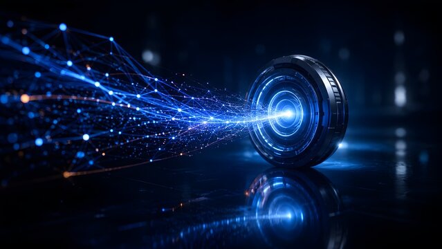 Glowing Blue Technology Network Grid Data Stream Entering a Reflective Circular Cyber Interface