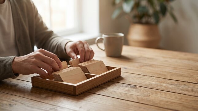 Man organizing small blank wooden cards into sorting tray on wooden table