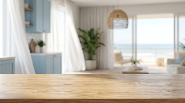 Empty wooden tabletop with blurred modern coastal kitchen background for product display and beach house advertising.