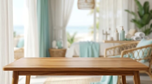 Empty wooden table platform in luxury spa salon interior for product display with blurred coastal beach background