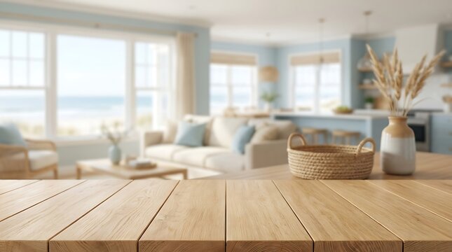 Wooden Tabletop Foreground for Product Mockup Display in Coastal Living Room with Ocean View Interior Background Image
