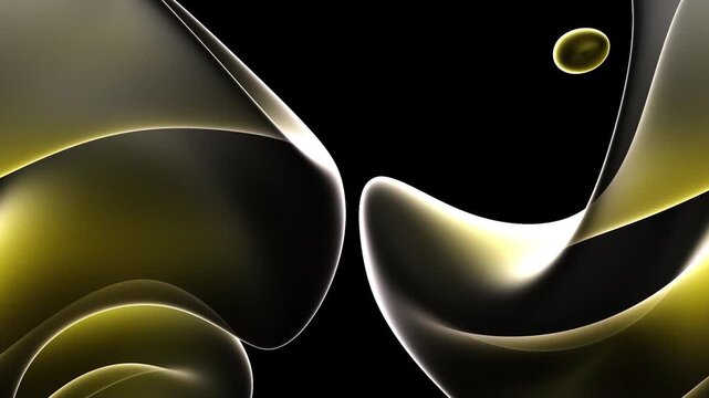 3d render of abstract art video animation with part of surreal alien flower in curve wavy spherical elegance spiral lines forms in translucent plastic material with yellow gold metal core on black