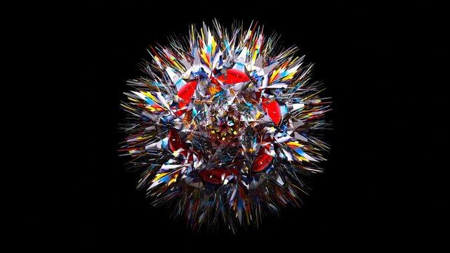 3d render of abstract art of surreal alien fractal star flower mechanism object in rotation modification process based on geometry shapes as cubes triangles on black background in multicolor