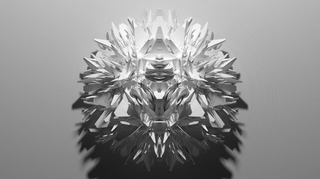 3d render video animation of black and white monochrome alien fractal object flower mechanism based on geometric figures as cubes, triangles, and pyramids, in white glossy ceramic material
