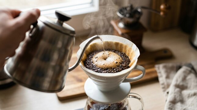 Pouring hot water from a gooseneck kettle for fresh pour-over drip coffee brewing, blooming grounds and rising steam on Coffee Day.