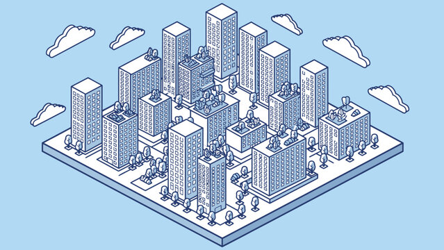 Isometric illustration showcases a dense urban cityscape filled with numerous tall buildings and skyscrapers, interconnected by streets and dotted with small trees, all under a sky with scattered.