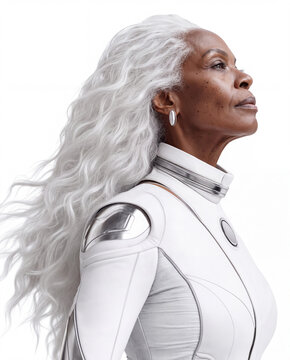 Side profile of a mature Black woman with long wavy white hair wearing a white futuristic suit with silver metallic accents looking upward