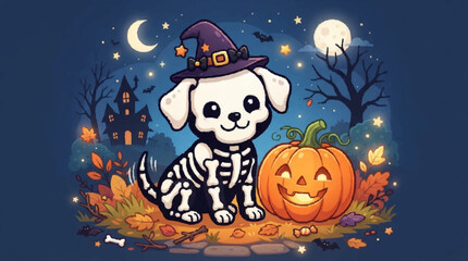 Fototapeta premium A Cute Puppy Dressed as a Skeleton for Halloween, Sitting Beside a Jack-o'-Lantern and a Haunted House