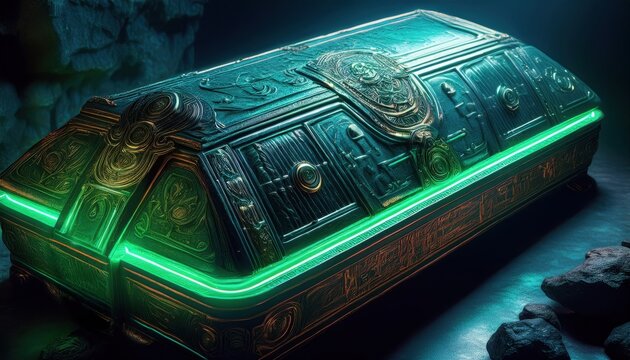 An ancient ornate chest or coffin glows with mysterious green light suggesting hidden secrets, lost civilizations and untold treasures