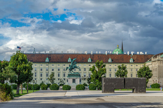 VIENNA, AUSTRIA - JULY 9, 2015: Setting of the Hofburg in central Vienna, Austria, with the Leopold Wing, the Archduke Charles and Olaf Nicolai&rsquo;s Memorial for the Victims of Nazi Military Justice