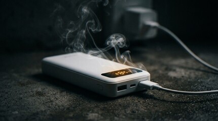 A smoking power bank overheating while plugged in to charge, representing a fire hazard and faulty electronic device. © artvibi