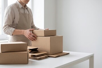 Fototapeta premium Worker in an apron stacking blank cardboard boxes on a white table for shipping