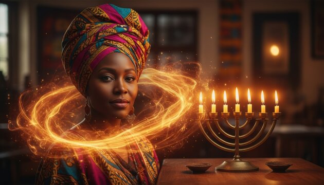 Elegant woman in colorful attire celebrates Kwanzaa beside a glowing kinara, representing cultural pride, heritage and the spirit of unity through light and tradition