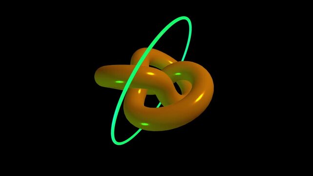 3d rendering of a green torus knot around an orange knot shape