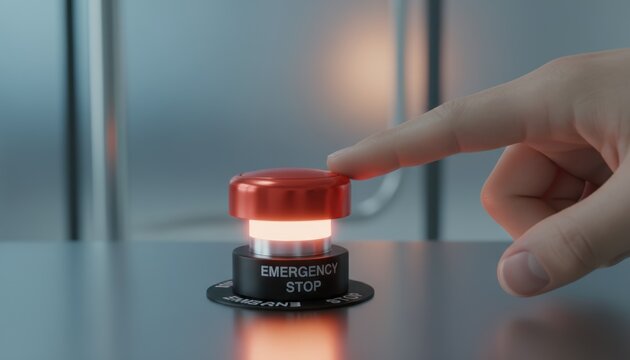 Finger about to press red emergency stop button highlighting safety protocol risk management and critical decision moment