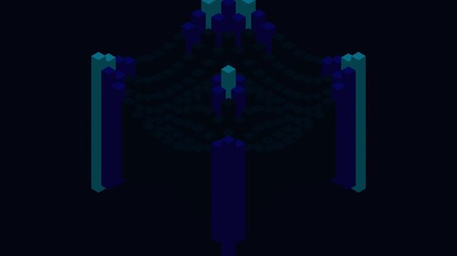 Isometric pixel art of a futuristic hexagonal structure with glowing blue center