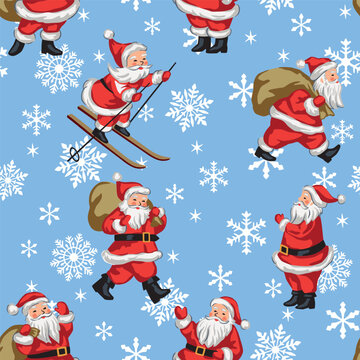 Christmas Santa Claus, snowflake seamless pattern. Holiday winter print.	