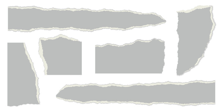 Ripped paper strips and torn sheet elements. Vector collection of white note fragments, ragged edges, realistic textures for banners, labels, and creative collage designs.