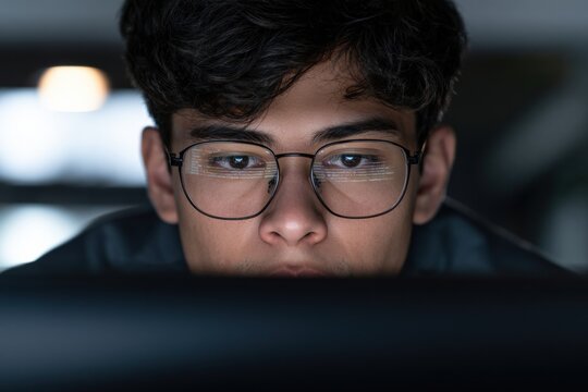 Young man coding with screen reader reflected in glasses indoors