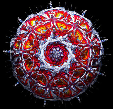 3d render of abstract art of surreal alien fractal star flower mechanism object in rotation modification process based on geometry shapes as cubes triangles on black background in multicolor
