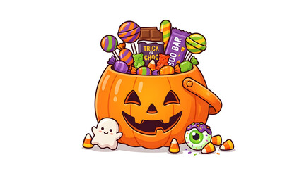 Fototapeta premium A brimming pumpkin bucket overflows with an assortment of colorful candies and treats for Halloween night.
