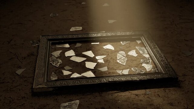 Vintage picture frame with scattered glass shards laying on sandy soil