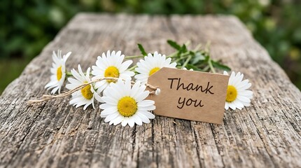 Obraz premium Daisies with a thank you tag on rustic wood