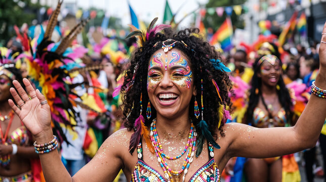Woman with colorful face paint and feathers at a vibrant street festival parade