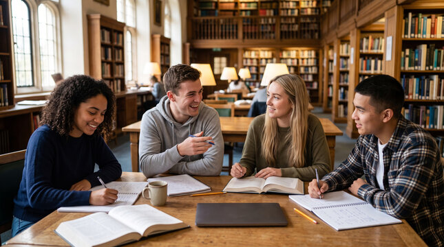Diverse group of students studying together in a traditional library setting