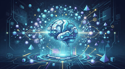 Fototapeta premium Vibrant Digital Brain with Futuristic Network of Glowing Particles and Geometric Shapes Illustrating Artificial Intelligence and Innovation