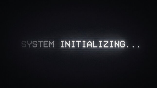 System initializing text on retro CRT monitor screen with pixel font, scanline glitch effect, glowing typography, and dark minimalist background.