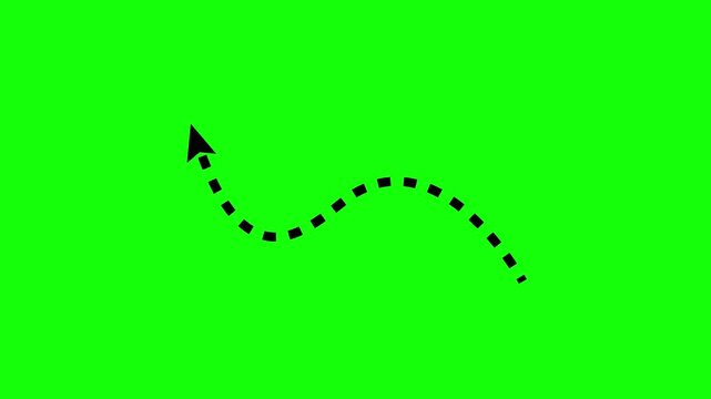 Curved dashed line arrow pointing up left corner, chroma key green screen, motion graphics	