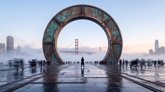 Conceptual Giant Circular Portal Framing Foggy Golden Gate Bridge