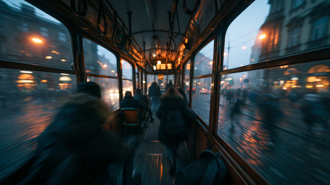 Commuters Inside Moving Vintage Tram in Evening City