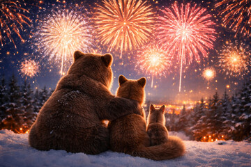 Fototapeta premium Animal family watching colorful New Year fireworks in snowy winter forest. Bear, cub, fox friends celebrating Christmas holiday night together. festive joy, seasonal winter celebration