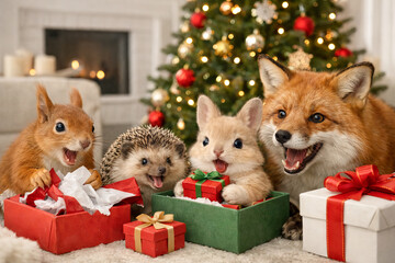 Fototapeta premium Cute christmas animals friends or family opening gift boxes in cozy holiday home with decorated tree and fireplace. holiday celebration, winter festivities, joyful pets, adorable christmas moment