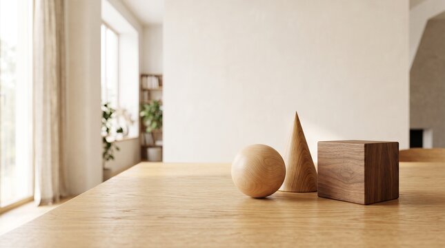 Wooden geometric solids on a table in a bright minimalist interior room