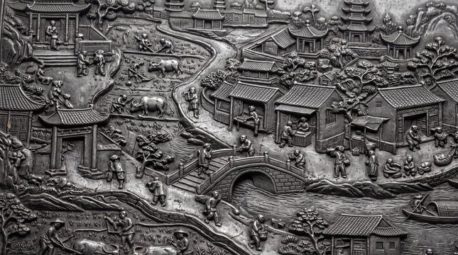 Traditional Chinese Bas Relief Metal Carving of Ancient Village