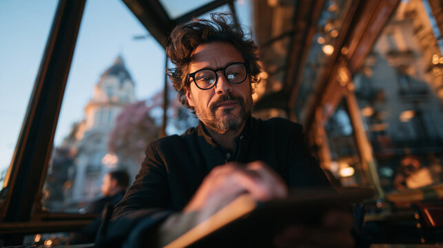 Creative Businessman with Glasses Using Digital Tablet at Cafe