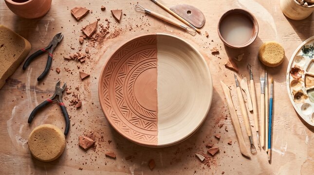 Pottery workshop workspace with clay plate and sculpting tools on wooden table top view