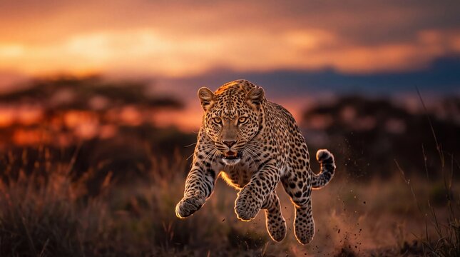 Leopard Running and Leaping at Sunset in African Savanna