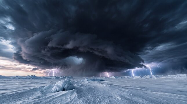 Severe Thunderstorm with Lightning Over Frozen Arctic Landscape