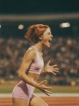 Emotional redheaded female runner shouting in passion and excitement on stadium track during competition