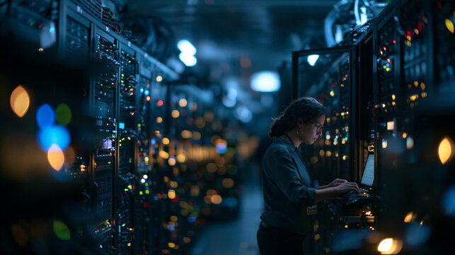 Female IT Engineer Working on Server in Data Center