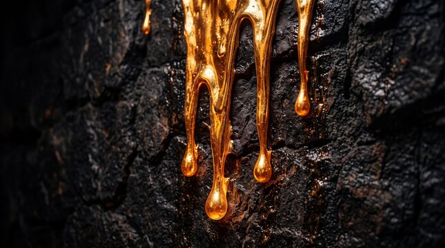 Molten Liquid Gold Dripping Down Cracked Black Texture