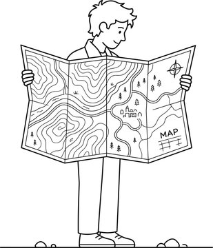 Man Reading Newspaper, Male Figure Holding a Newspaper, Black and White Vector Cartoon Illustration with Minimalist Sketch and Icon Design Style